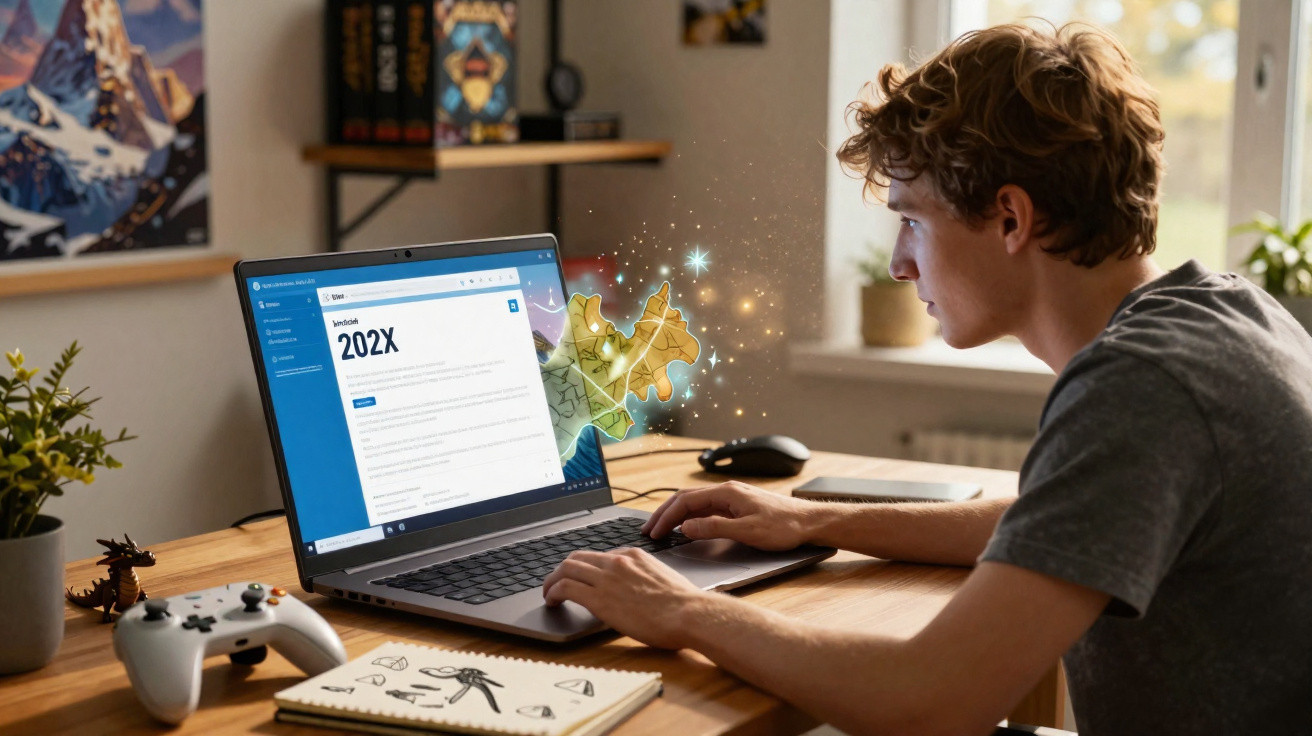 Jovem sentado a usar um portátil numa secretária, com mapas digitais e elementos mágicos no ecrã.