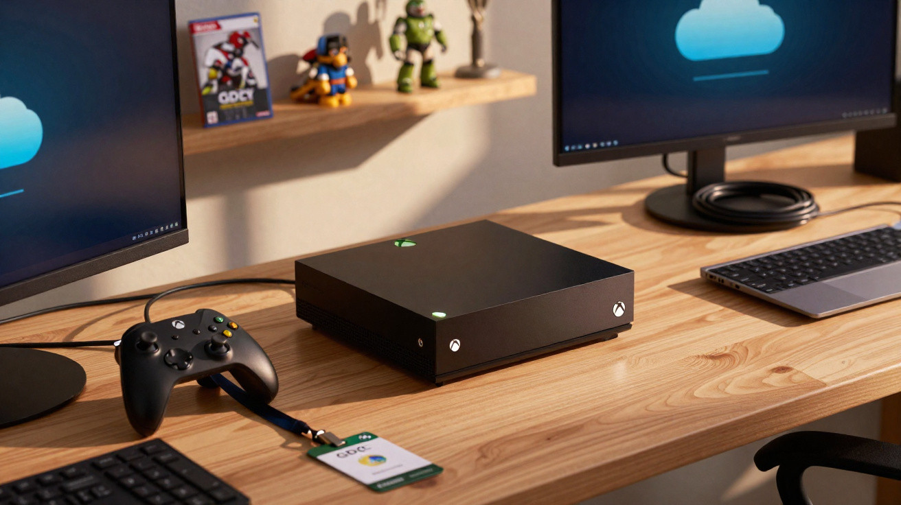 Consola Xbox Series X com comando, teclado, dois monitores e crachá de evento numa secretária de madeira.