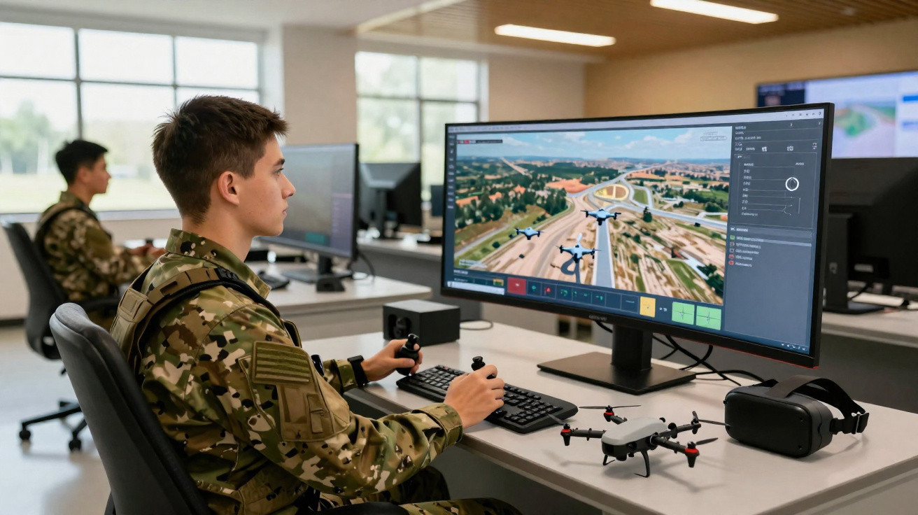 Militar a operar um simulador de drones num ambiente de treino com vários ecrãs e equipamento tecnológico.