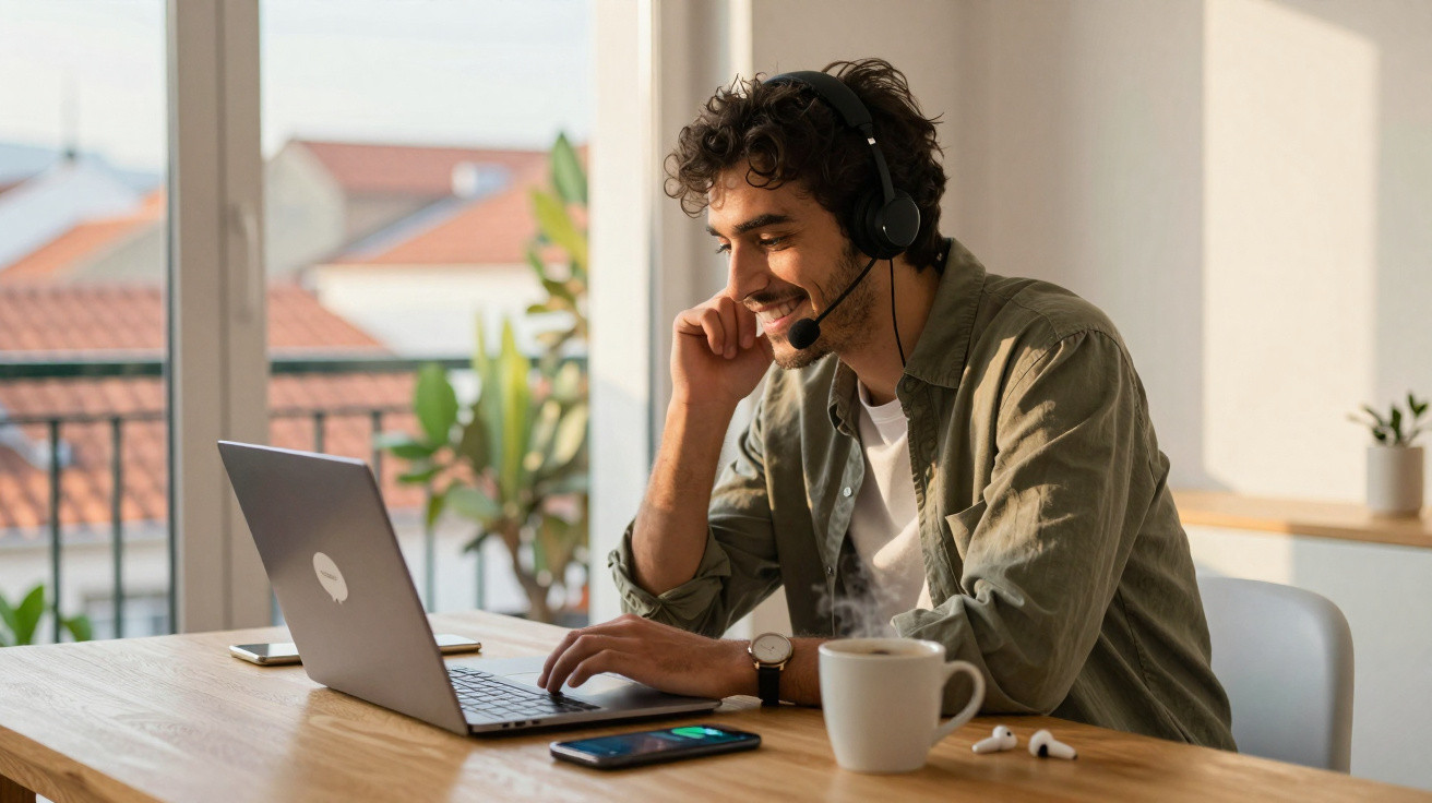 Homem jovem com auriculares a trabalhar ou comunicar por videoconferência num portátil numa mesa com café.