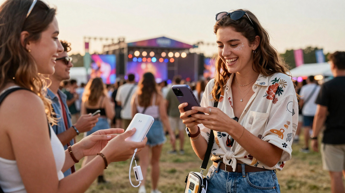 Pessoas jovens sorridentes num festival ao ar livre com telemóveis nas mãos e palco iluminado ao fundo.