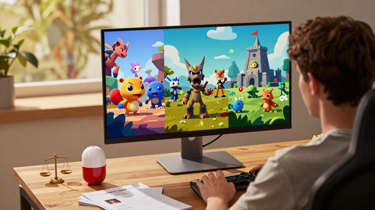 Pessoa sentada a jogar videojogo de fantasia com personagens coloridas num monitor num escritório.