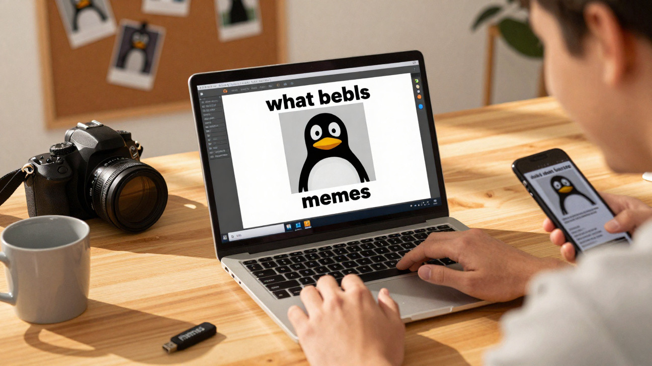 Pessoa a usar computador e telemóvel com meme de um pinguim e texto "what bebls memes" numa secretária de madeira.