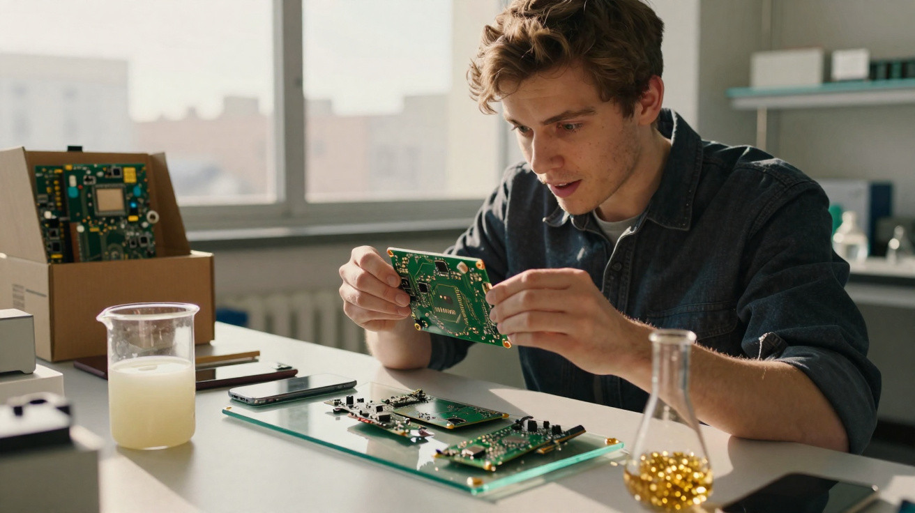 Jovem a examinar placa eletrónica numa mesa com componentes eletrónicos e utensílios de laboratório.