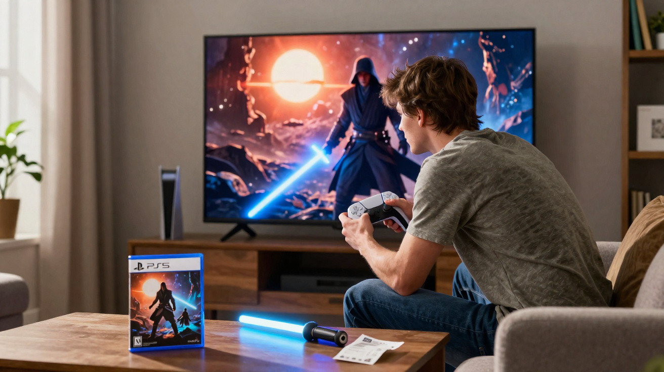 Homem a jogar videojogo Star Wars no PlayStation 5 numa sala com luz natural e TV grande.