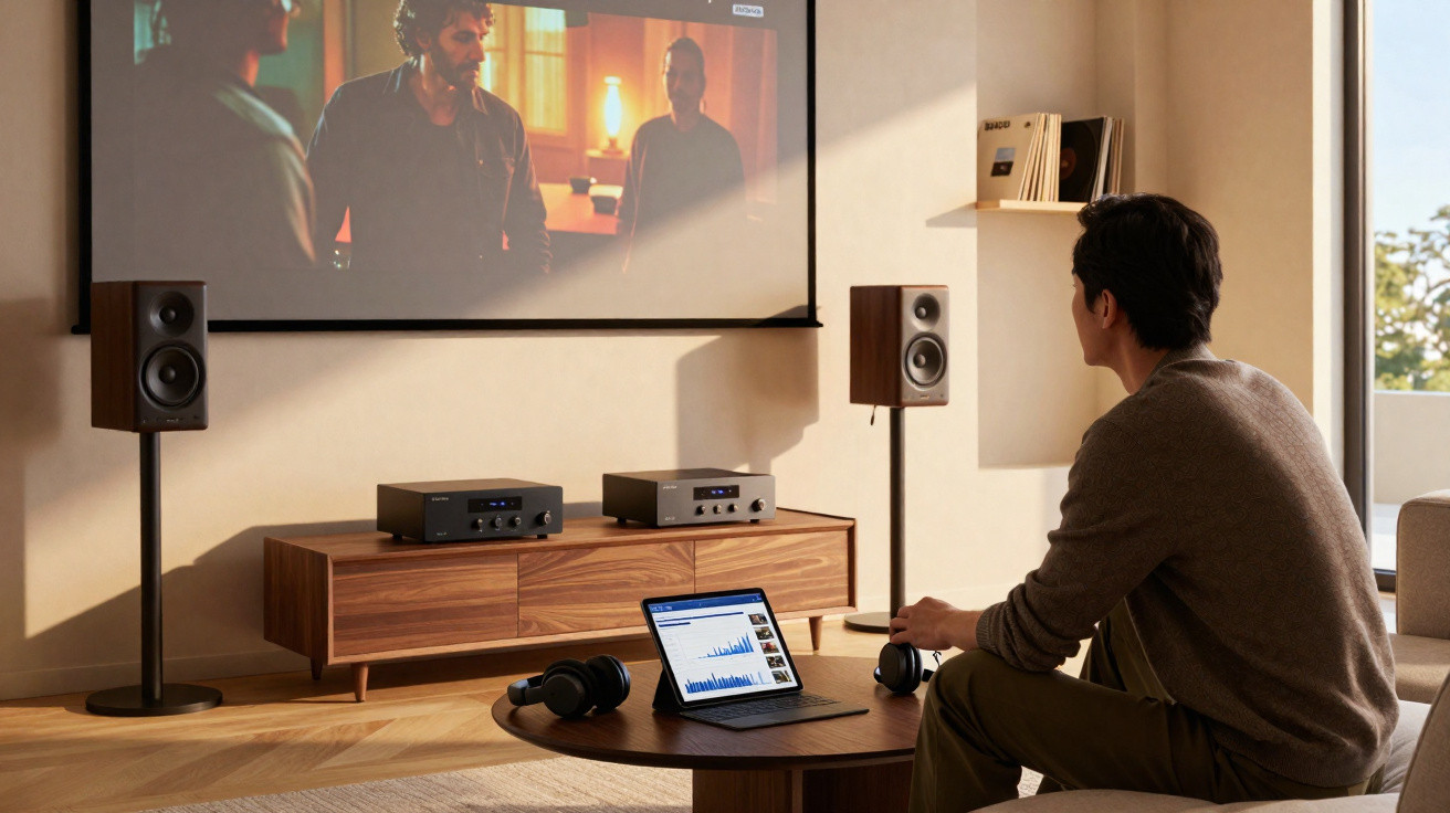 Homem sentado a ver filme num ambiente moderno com sistema de som, tablet e auscultadores numa mesa de madeira.