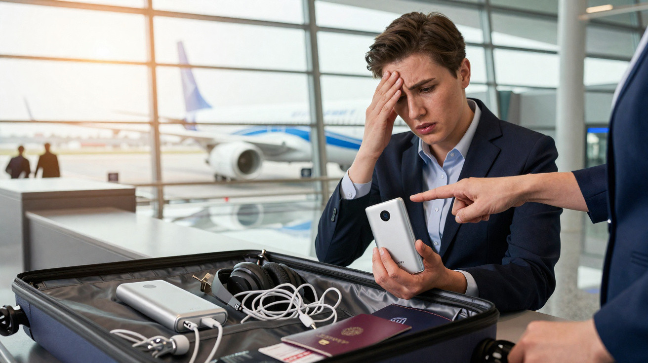 Mulher preocupada no aeroporto a ser chamada por segurança por aparelhos eletrónicos na bagagem de mão aberta.