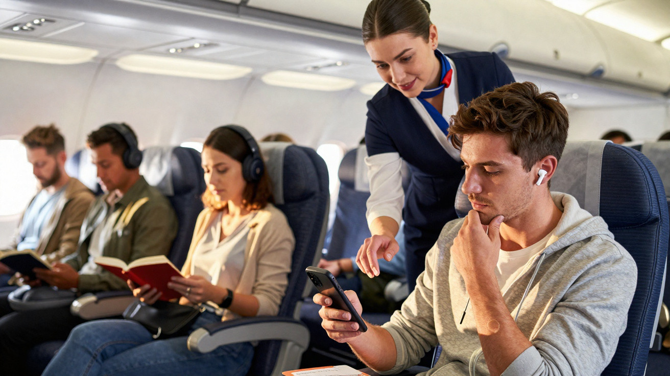 Assistente de bordo ajuda passageiro com telemóvel num voo comercial com outros passageiros sentados.