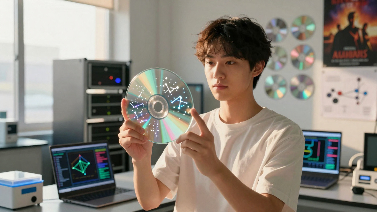 Jovem a analisar um CD com gráficos holográficos num escritório tecnológico com computadores ao fundo.