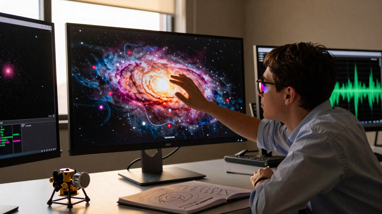 Pessoa a apontar para imagem de galáxia colorida num ecrã de computador num ambiente de trabalho científico.