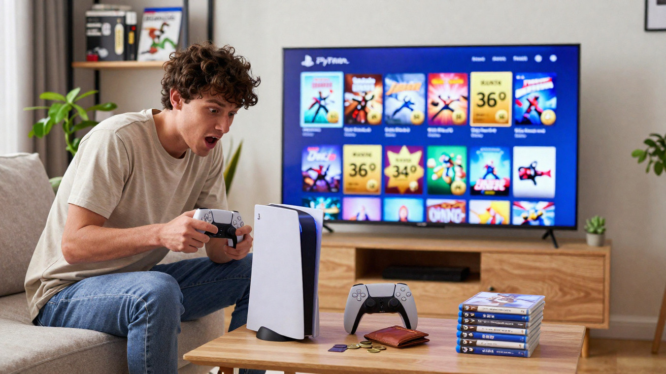 Jovem entusiasmado joga consola PlayStation 5 em sala com TV e jogos na mesa de madeira.