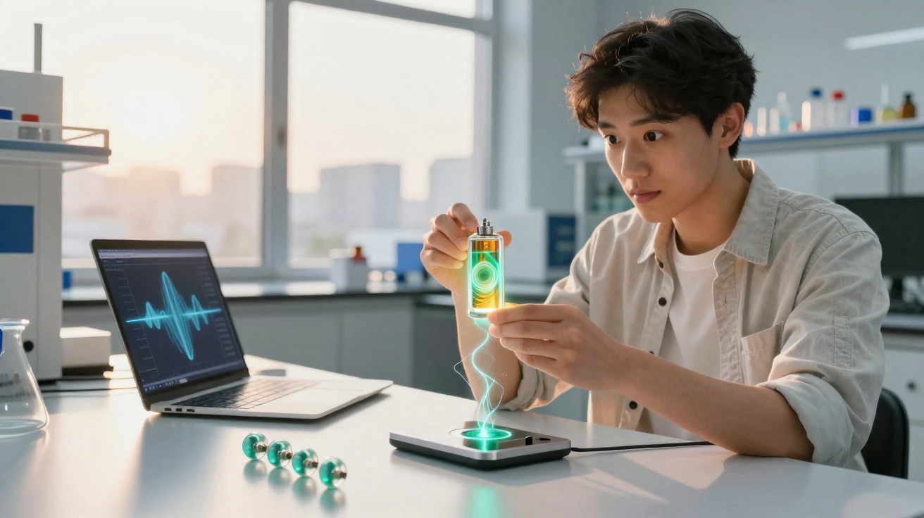 Jovem cientista em laboratório com bateria holográfica, usando computador e tecnologia avançada na mesa.