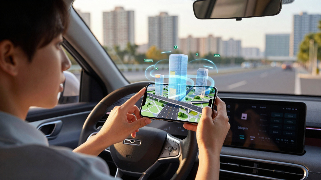 Pessoa dentro de um carro a usar realidade aumentada num smartphone para visualizar edifícios e estradas numa cidade.