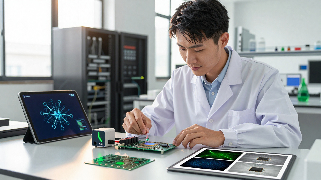 Homem em bata branca trabalha numa placa de circuito eletrónico num laboratório tecnológico moderno.