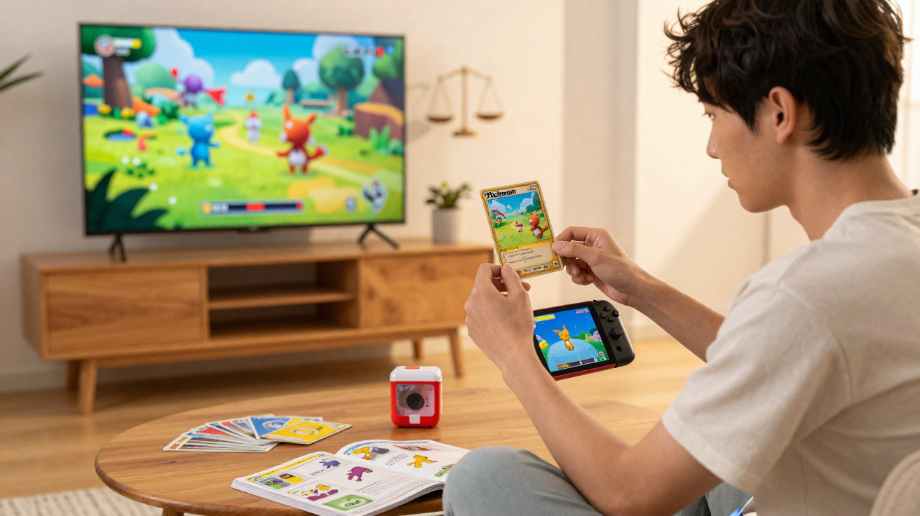 Jovem sentado em sala a jogar videojogo com consola portátil, segurando uma carta de jogo Pokémon.