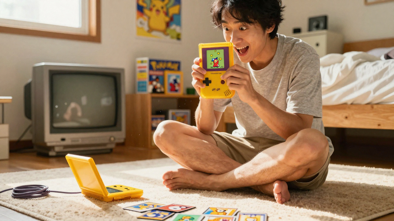 Jovem sentado no chão de quarto a jogar com consola retro amarela, rodeado de cartas coloridas.
