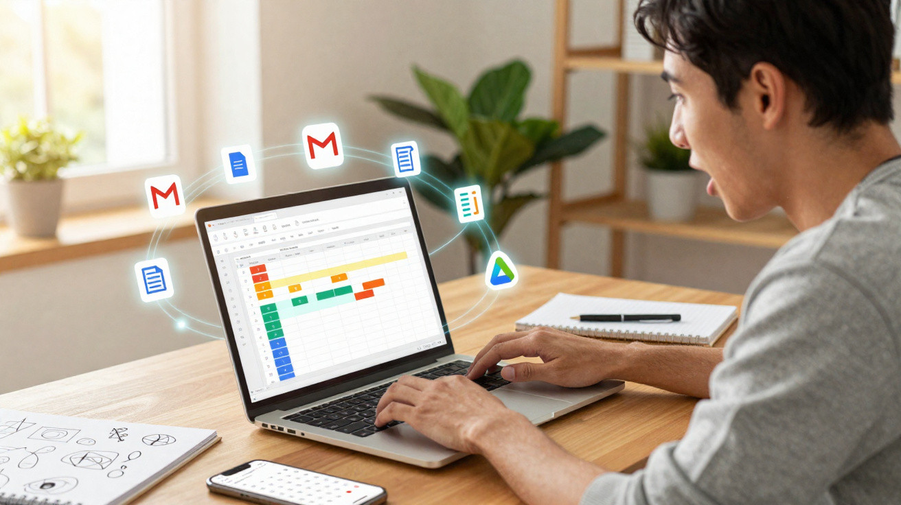 Homem a trabalhar num portátil com gráficos coloridos e ícones de aplicações do Google à volta.