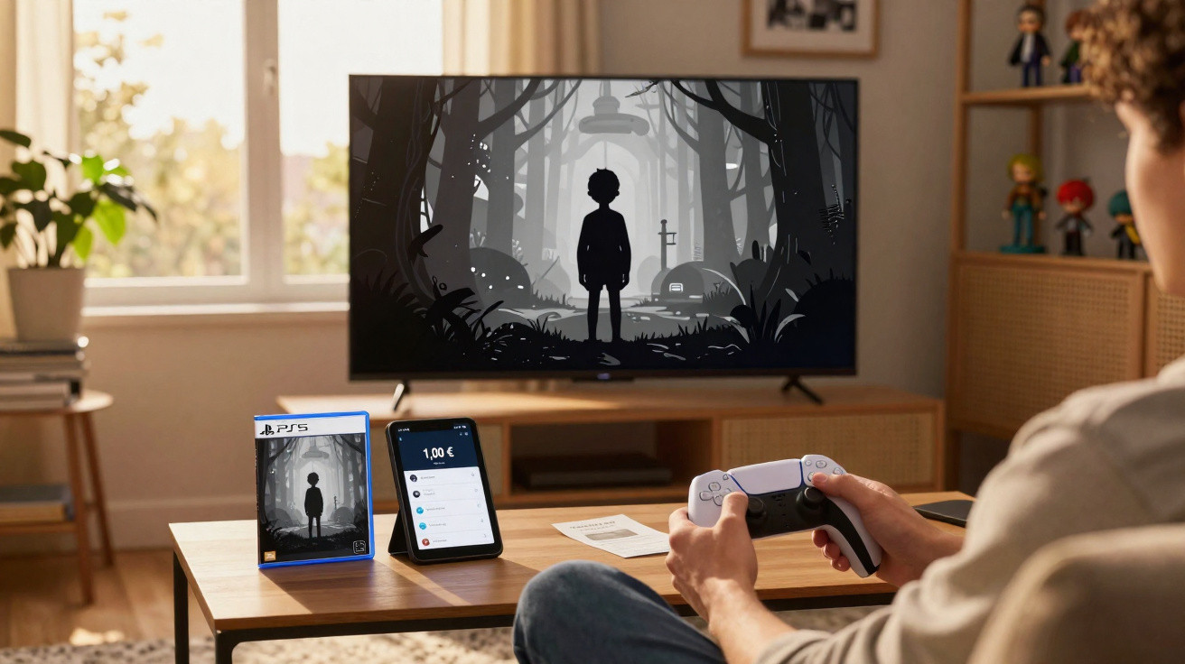 Pessoa a jogar videojogo sombrio em televisão com comando PS5 numa sala acolhedora e luminosa.