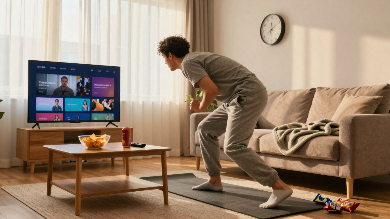 Homem jovem em casa a fazer exercício diante da televisão numa sala com sofá, tapete e mesa de centro com snacks.