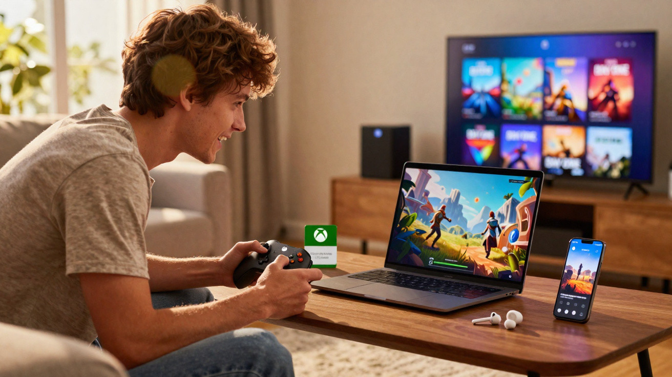 Jovem a jogar videojogo no portátil com comando Xbox, smartphone e televisão ligados na sala de estar.