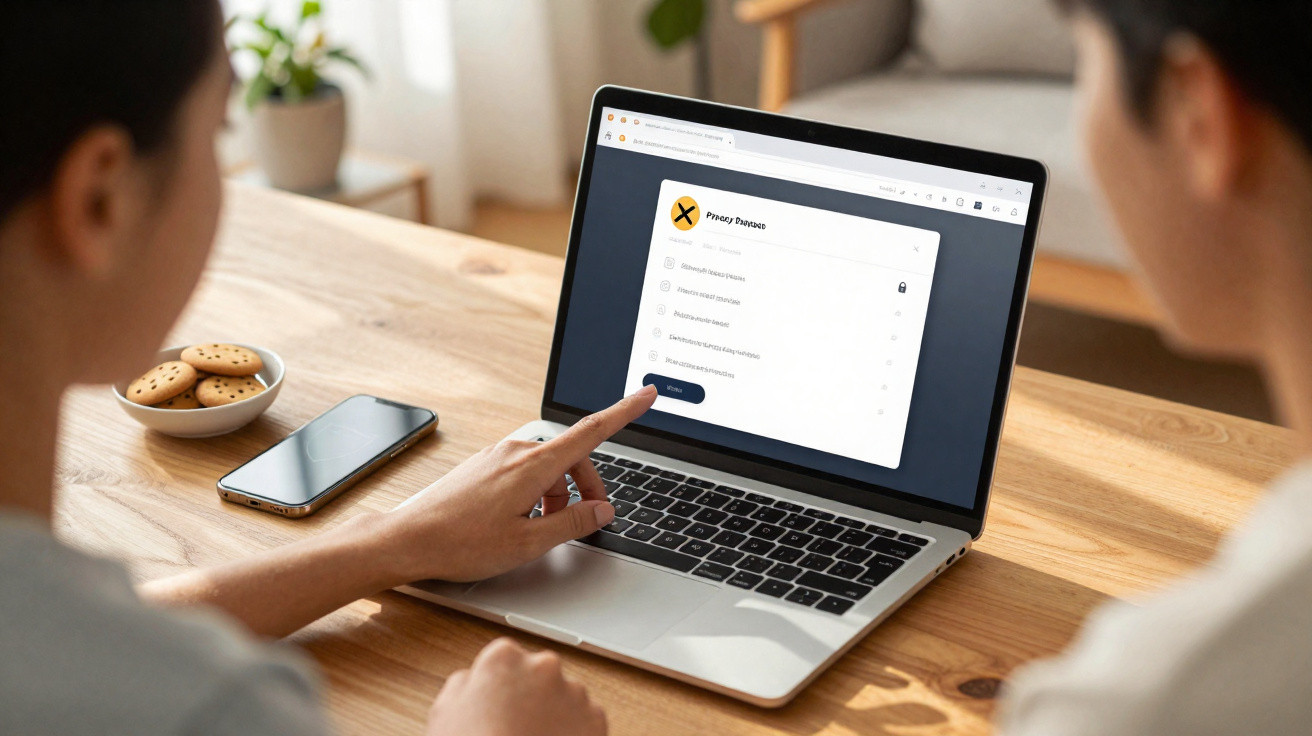 Duas pessoas a usar um portátil com um ecrã de configurações de privacidade abertas numa mesa de madeira.