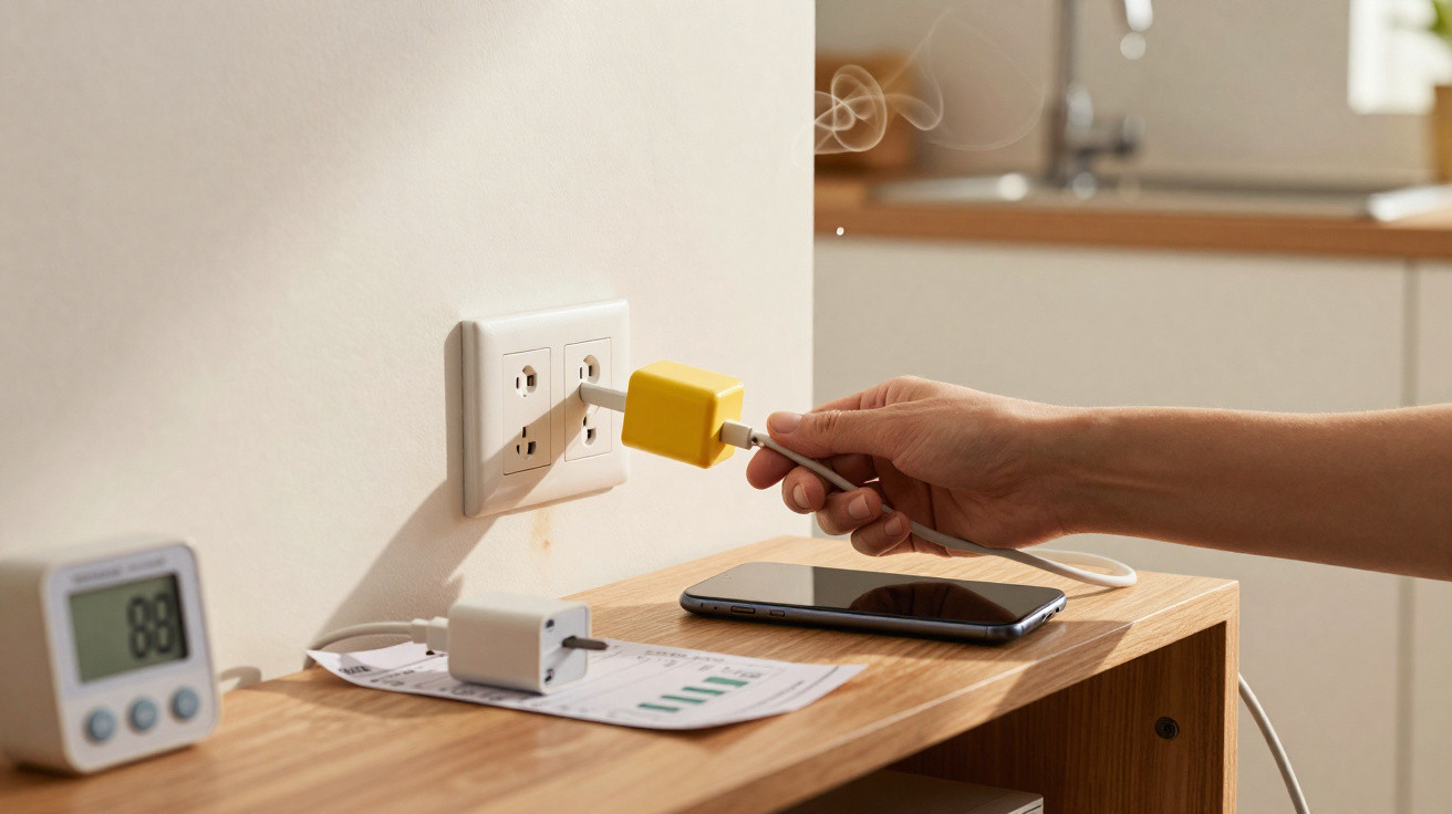 Pessoa a tirar cabo elétrico amarelo de tomada junto a telemóvel e medidor de energia numa mesa de madeira