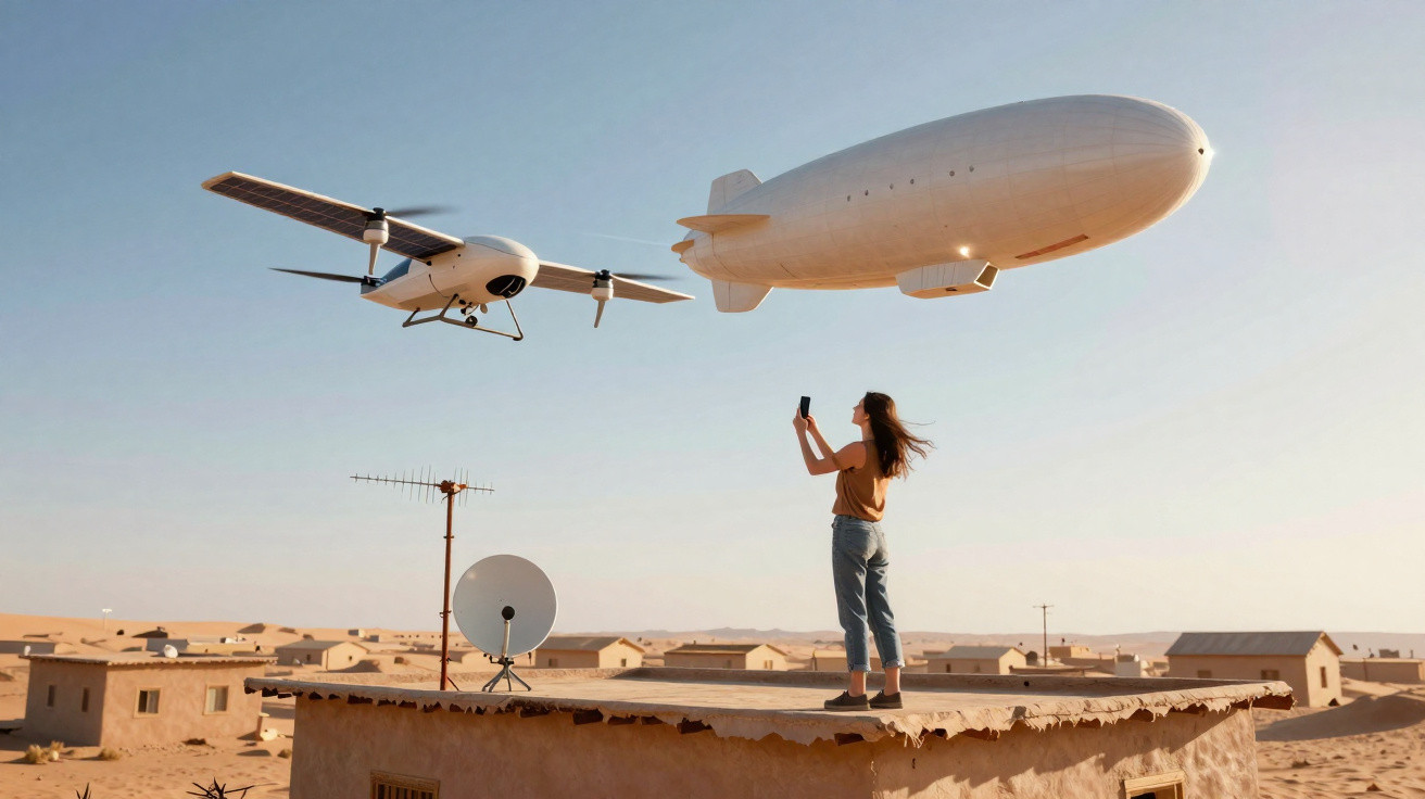Mulher em telhado a tirar foto a drone e balão dirigível num cenário desértico com casas pequenas.