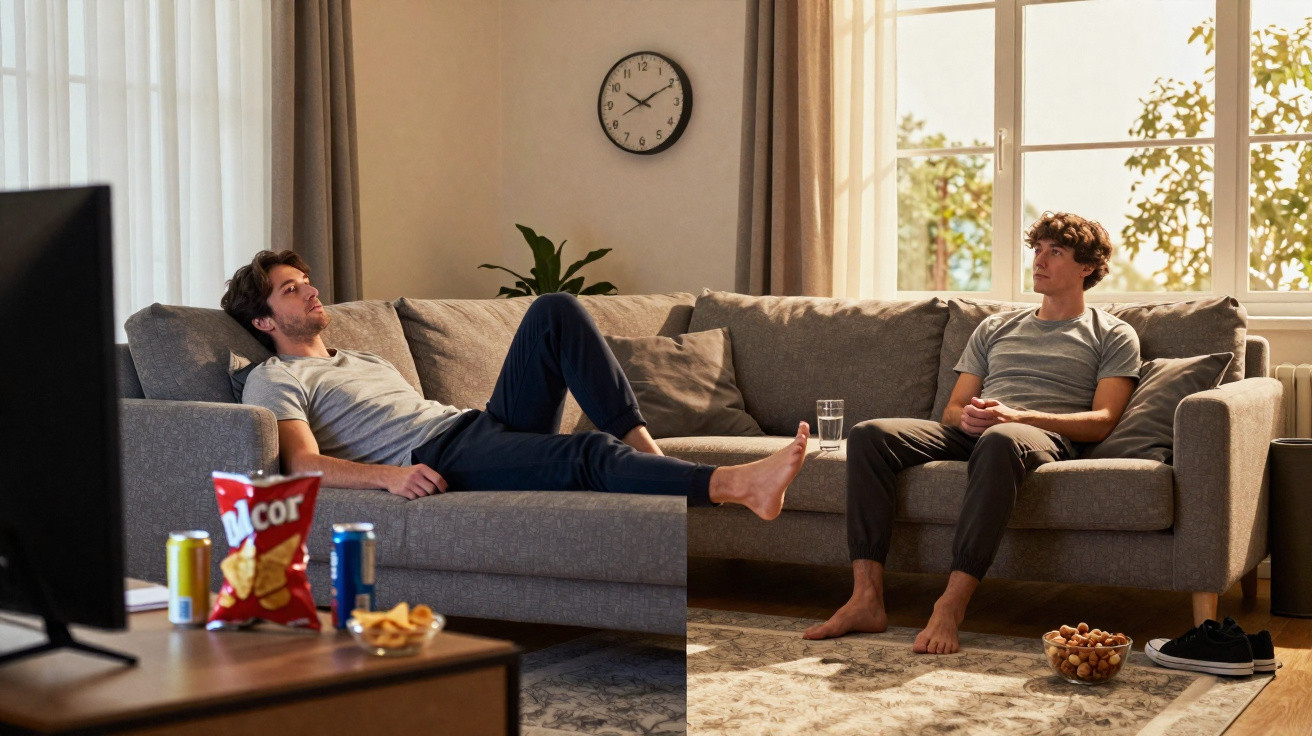 Dois homens sentados e relaxados num sofá cinzento numa sala iluminada, com snacks e bebida na mesa.