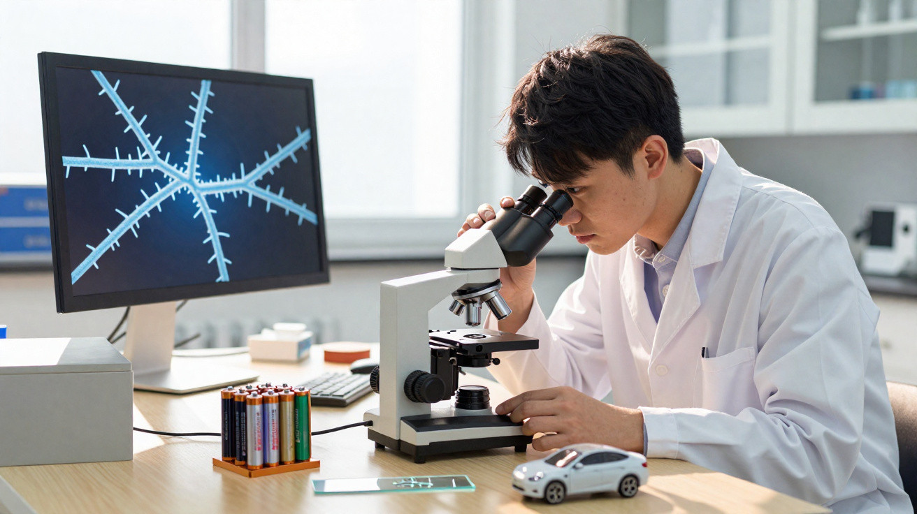 Cientista em bata branca observa amostra ao microscópio com imagem molecular no ecrã ao fundo.