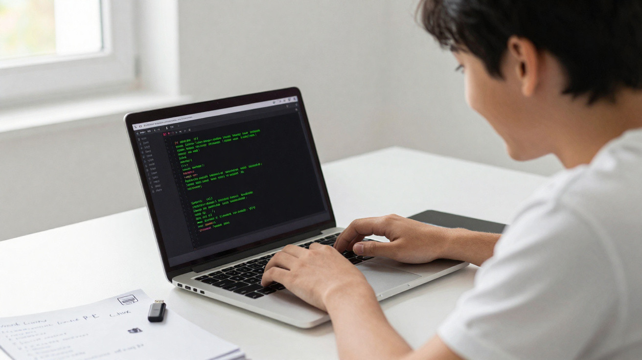 Pessoa a programar código num computador portátil numa mesa branca junto a uma janela.
