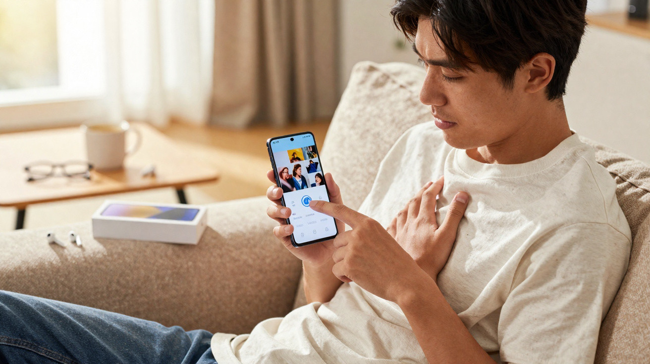 Homem sentado no sofá a usar smartphone para uma videochamada em grupo numa sala iluminada.