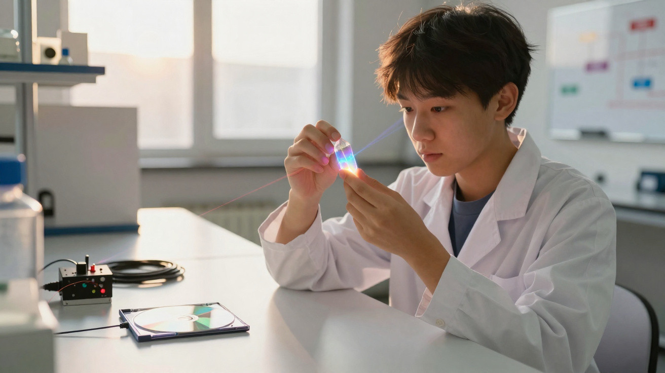 Cientista jovem em laboratório a examinar prisma que dispersa luz colorida numa mesa branca.