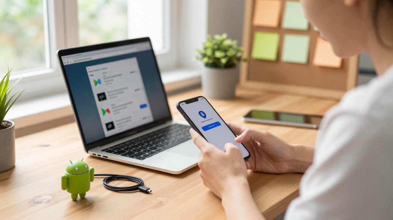 Pessoa a usar smartphone com ecrã de login e portátil aberto numa secretária com boneco Android e planta.