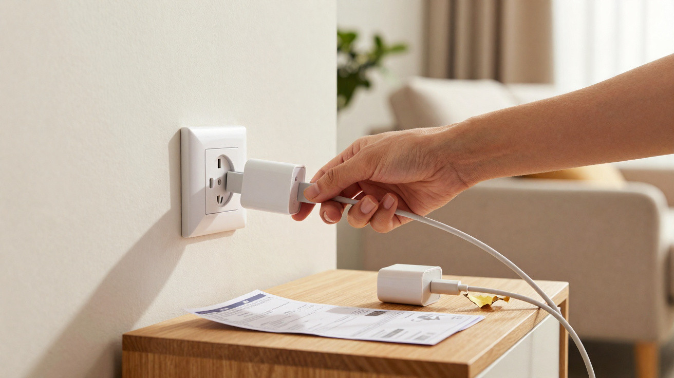 Pessoa a ligar cabo USB a tomada elétrica num quarto com mesa de madeira e documento em cima.
