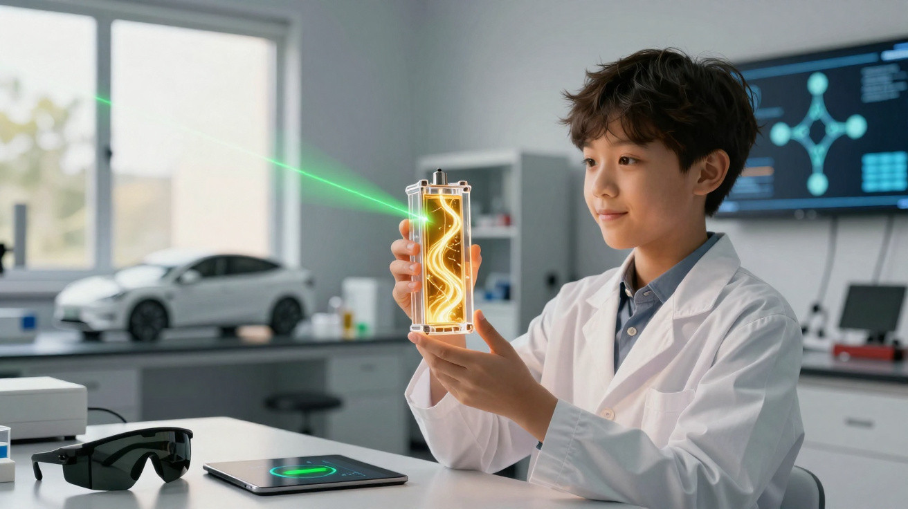 Criança com bata de laboratório segura aparelho com luzes e raios num ambiente de laboratório moderno.