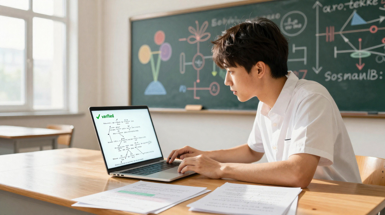 Jovem estudante numa sala de aula a usar um computador portátil com documentos e quadro negro ao fundo.