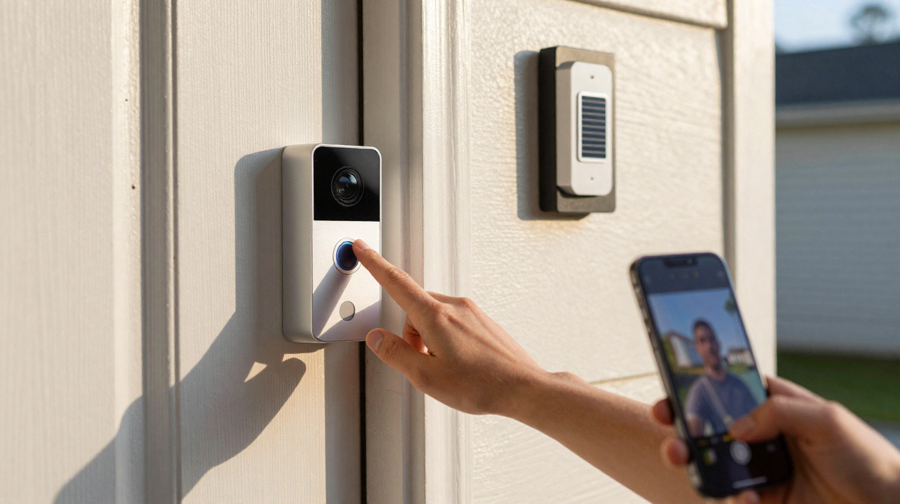 Pessoa a pressionar campainha inteligente com câmara instalada numa porta, segurando smartphone com vídeo aberto.