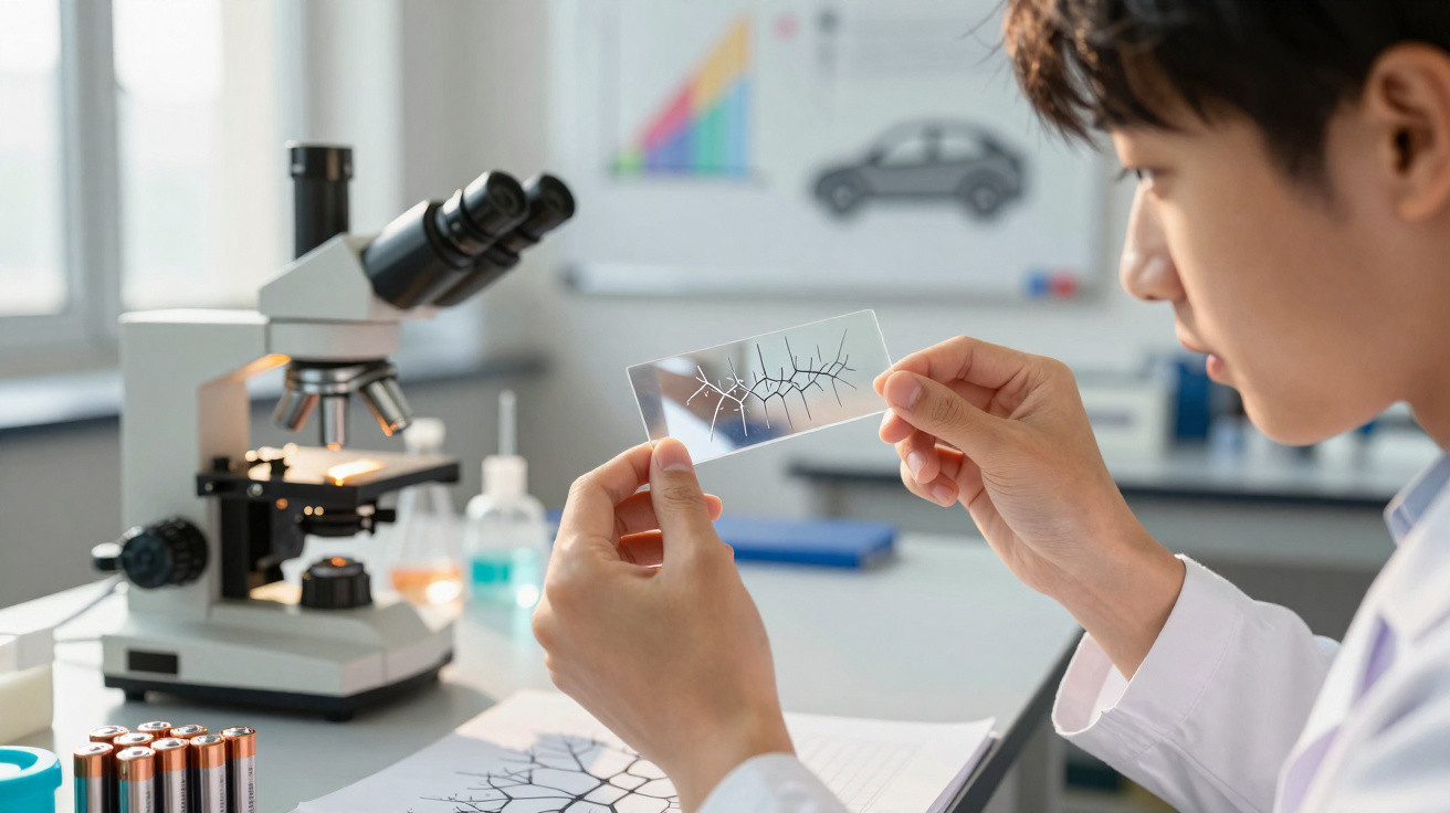 Cientista analisa lâmina com estrutura fractal num laboratório com microscópio e material científico.