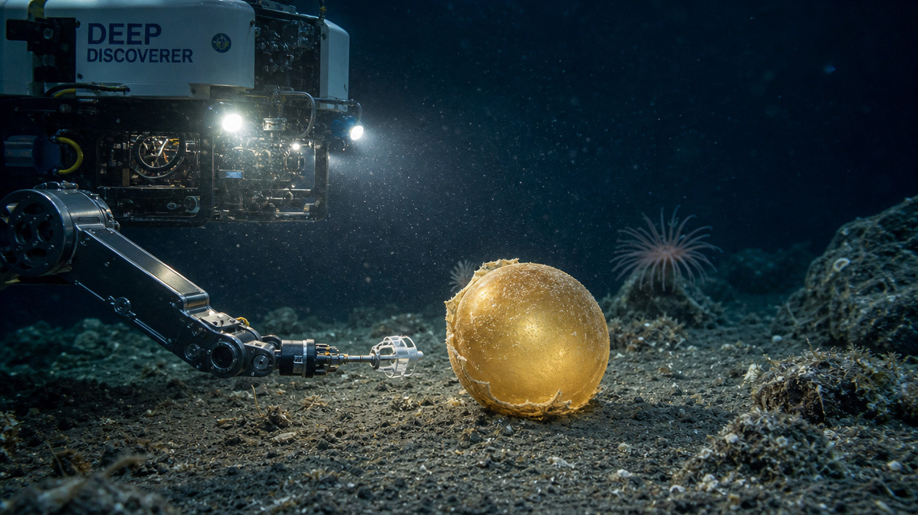 Veículo subaquático não tripulado com luzes e braço mecânico próximo a uma esfera dourada no fundo do mar.