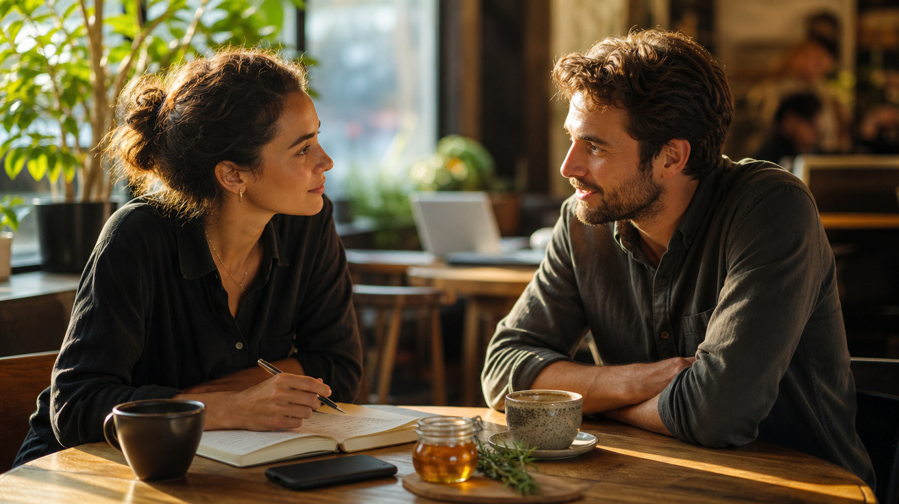 Casal jovem sentado à mesa de café, a conversar e a ler um livro com bebida à frente.