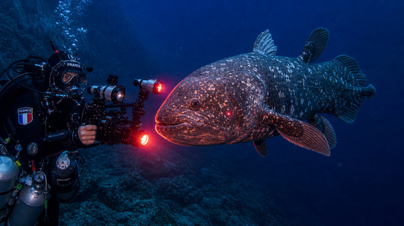 Mergulhador com equipamento a filmar um grande peixe celacanto no fundo do mar com luzes vermelhas.