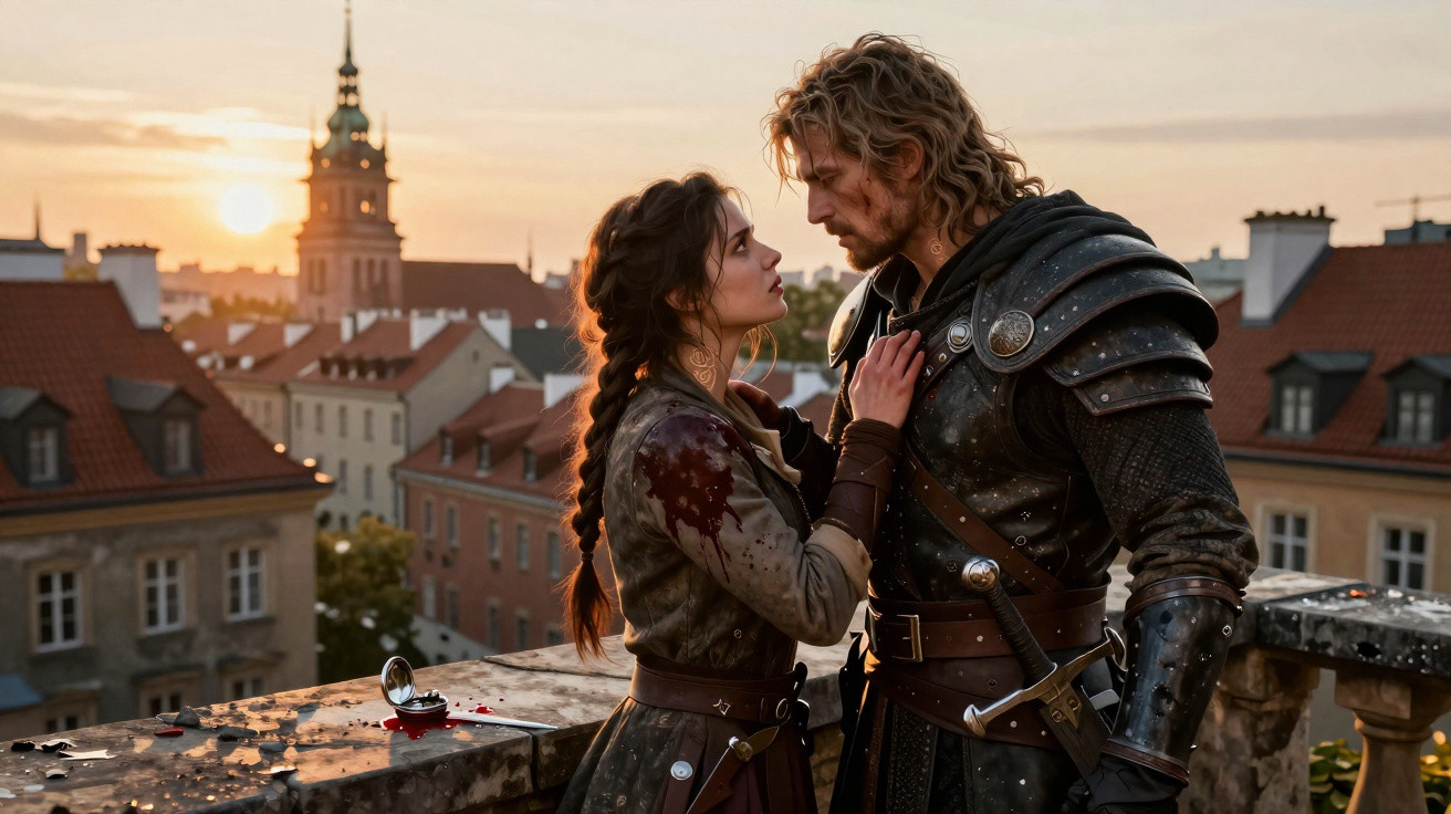 Casal vestido com armaduras medievais abraçado num terraço ao pôr do sol numa cidade antiga.