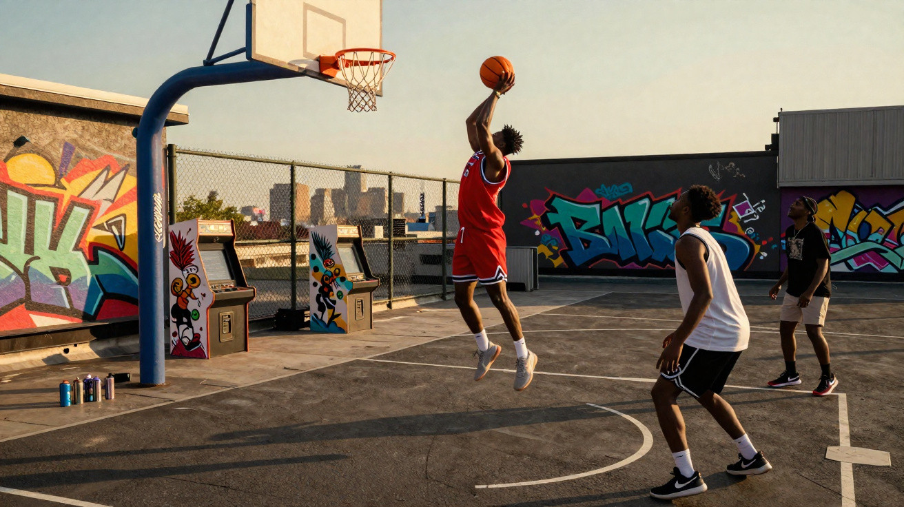 Homem a saltar para lançar uma bola de basquetebol com dois amigos a observar num campo urbano com grafitis.