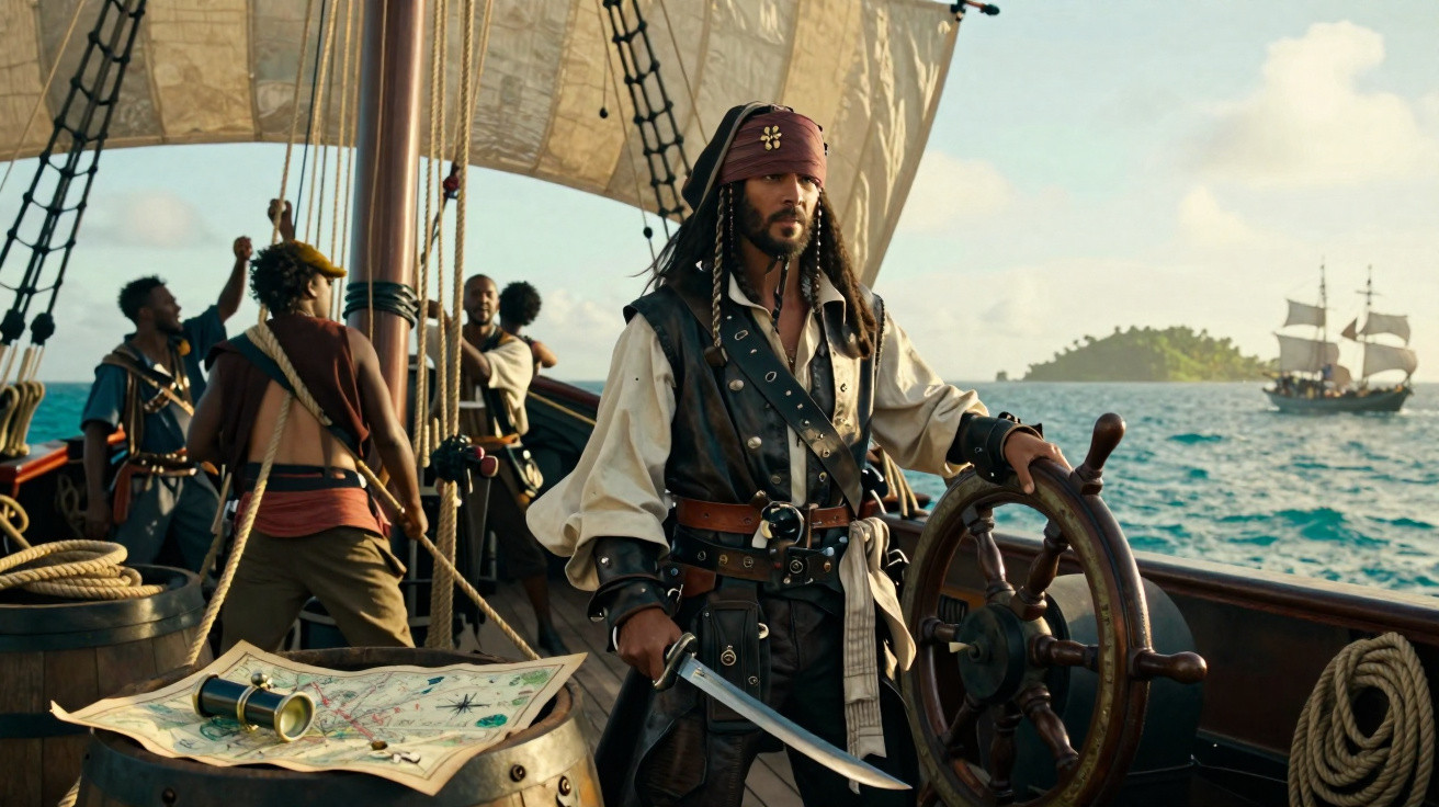 Pirata com espada ao leme de um navio com tripulação e outro navio à distância no mar.