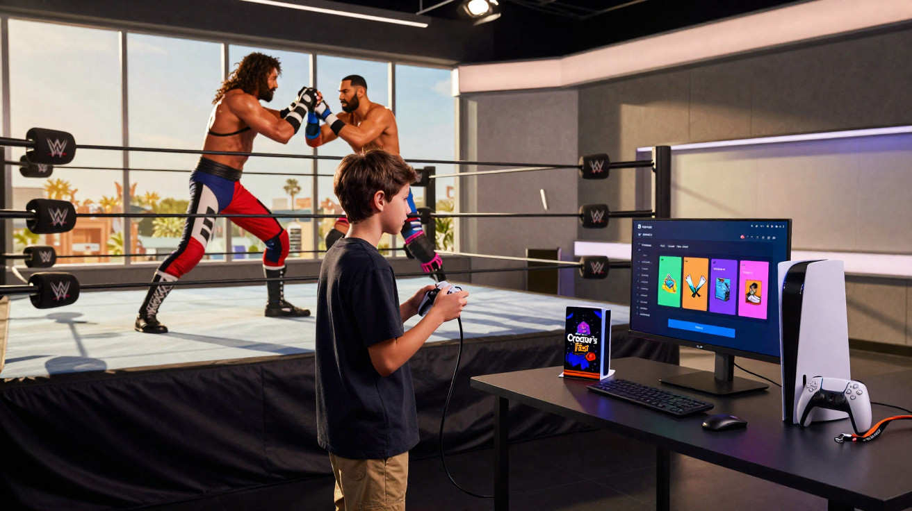 Garoto a jogar videojogo de luta com controladora, com dois lutadores WWE em ringue ao fundo.